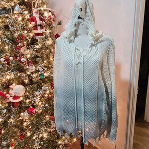 POL White & Blue Open Weave Hooded Sweater Laced Front Neckline Sz L Frayed Edge